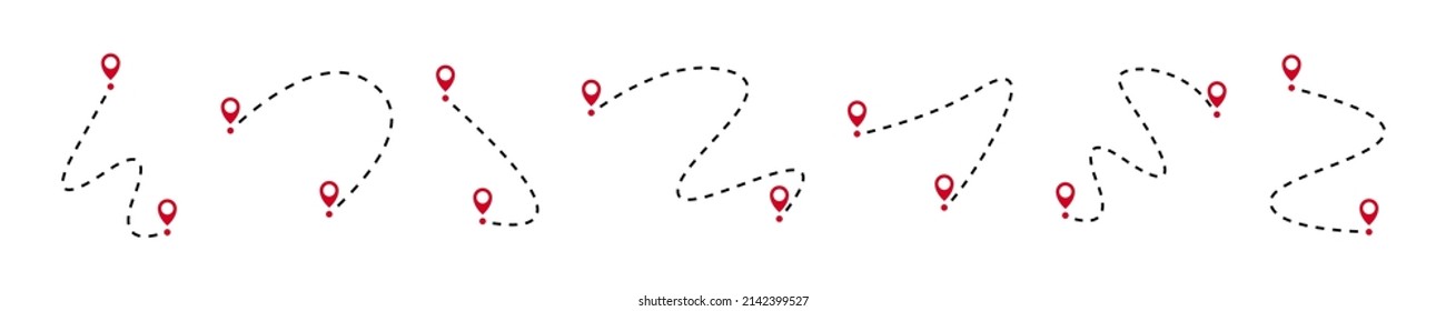 Travel path set. Line path collection. Way and location pointers. Black dotted line path with red location pin pointers. GPS concept. Vector graphic EPS 10