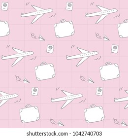 Travel pattern with airplane, suitcase, and passport. Playful, cute, and flexible doodle pattern for brand who has fun style. The art vector graphic can be repeated.