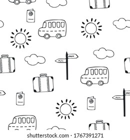 Travel pattern. Black-white vector clip art. seamless background