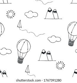 Travel pattern. Black-white vector clip art. seamless background
