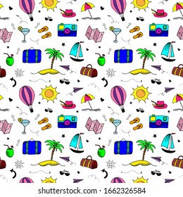 Travel pattern. Hand drawn color doodle elements. Seamless vector backdrop. Simple vector illustrations on white background.