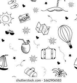 Travel pattern. Hand drawn doodle elements. Seamless vector backdrop. Simple vector illustrations on transparent background. 