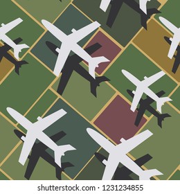 Travel Pattern with Planes above Fields. Seamless Pattern with Airplanes.
