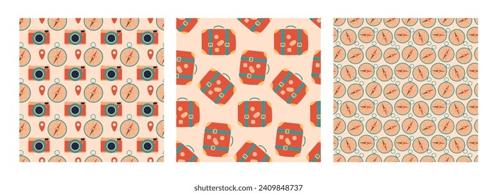Travel pattern set. Seamless patterns with tourist elements. Trips tourism, voyage, vacation. Flat vector of traveler's luggage in old style. Prints for wallpaper, textile, wrapping, scrapbooking