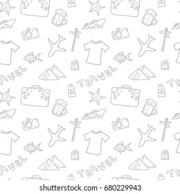 Travel pattern in sketch style. Seamless design of summer holiday line art. Vacation cartoon endless design. White background