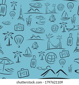 Travel pattern in the style of brush strokes. Seamless patterns. Set of vacation icons, beach, yacht, gammak, suitcases, tower, mountains, balloon.