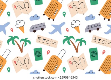 Travel pattern with suitcase, map, airplane ticket, passport, and palm trees doodles. Fun ornament for tourism, vacation planning, summer trips, traveling vector illustrations, seamless background