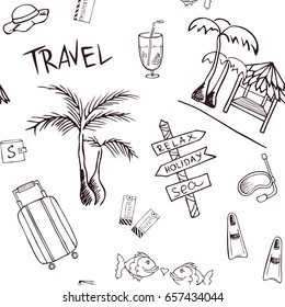 Travel pattern with trip attributes on transparent background. Background with tourist attributes for design flyers, web, cards, invitations, letters, advertising