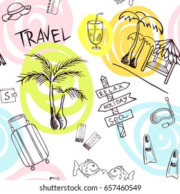 Travel pattern with trip attributes on transparent background. Background with tourist attributes for design flyers, web, cards, invitations, letters, advertising