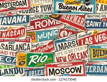 Travel Pattern With World Wide Cities And Places. Retro Colorful Playful  Background With Popular Touristic Destinations. Souvenir Print Layout.