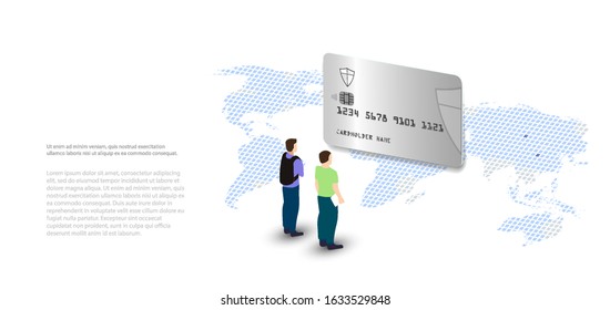 Travel and payment by card. Secure payments around the world. Money cards transfers and financial transactions. Vector illustration isometric style. Online pay, electronic bill payment notification.