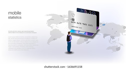 Travel and payment by card. Secure payments around the world. Money cards transfers and financial transactions. Vector illustration isometric style. Online pay, electronic bill payment notification.