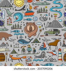 Travel to Peninsula Kamchatka. Eurasia, Russian Far East. Wild Nature and Animals. Seamless Pattern