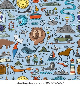 Travel to Peninsula Kamchatka. Eurasia, Russian Far East. Wild Nature and Animals. Seamless Pattern