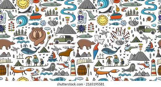 Travel to Peninsula Kamchatka. Eurasia, Russian Far East. Wild Nature and Animals. Seamless Pattern