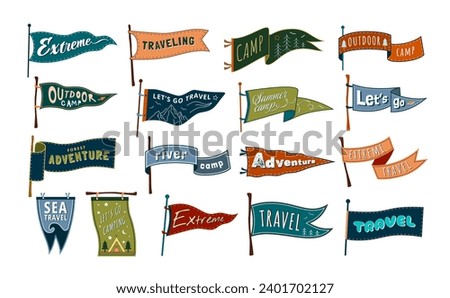 Travel pennants. Summer camp, let go travel and camping flags. Adventure and traveling banners vector set of summer scout expedition illustration