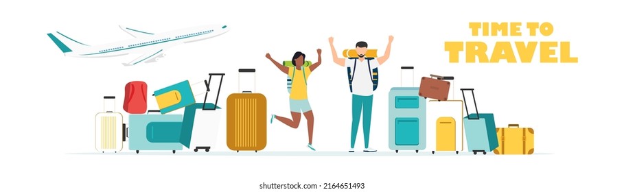 Travel. People at the airport fly on a journey. Summer rest. Family travel. Vacation with friends. Vector illustration.