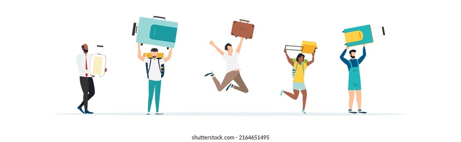Travel. People at the airport fly on a journey. Summer rest. Family travel. Vacation with friends. Vector illustration.
