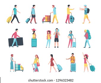 Travel People. Airport Tourist Baggage Crowd Passengers Check Passport Control Terminal Queue. People With Luggage Vector Set