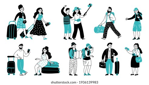 Travel people collection. People travellers, tourists summer adventure. Family travelling, student friends trip with luggage decent vector set