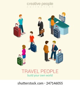 Travel people flat 3d web isometric infographic concept vector set. Men, women and couples with luggage bags, passport security control, ticket service. Build your own world creative people collection