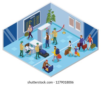 Travel people isometric background with passenger in airport terminal passing registration and preflight inspection vector illustration