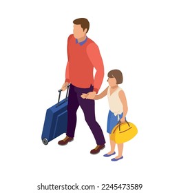 Travel people isometric icon with man and his daughter carrying luggage 3d vector illustration
