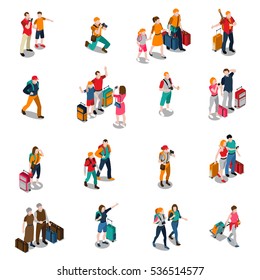 Travel people isometric icons with men women kids in different poses and baggage isolated vector illustration