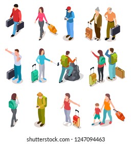 Travel people isometric set. Men, women and kids with luggage. Tourist family, passengers and baggage. Tourism vector collection