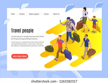 Travel people landing page with text information and isometric vector illustration of tardy passengers with baggage running to terminal