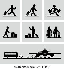 Travel people with luggage bags vector icons 