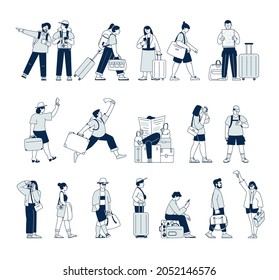 Travel people with luggage. Flat couple travelling, single tourist hold suitcase. Isolated senior on vacation, business tourism recent vector characters