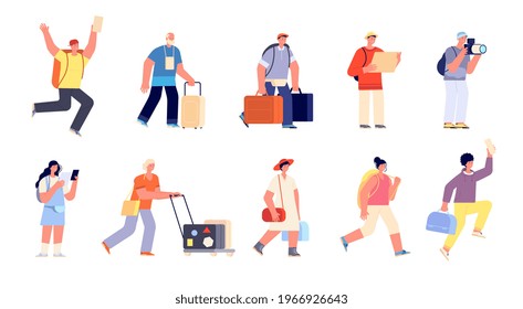 Travel people with luggage. Traveller vacation, family tourist in airport. Isolated hurry to departure young trip characters utter vector set