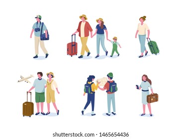 Travel people with purchases. Flat isometric modern vector illustration isolated on white background.