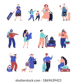 Travel people. Travellers couple, seniors tourist with suitcase. Single vacation character, airport decent female male passengers vector set