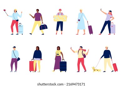 Travel people. Travelling person with backpack and suitcase. Tourism amd vacation, happy woman and man going trip and doing selfie utter vector set