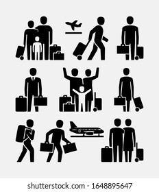 Travel People Vector Icons. Happy family with children and suitcase ready for traveling. Couple going on summer vacation.