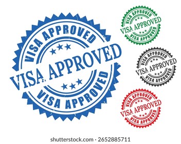 Permissão de Viagem Concedida Badge Set, Estilo Grunge Vetor de Aprovação de Visto