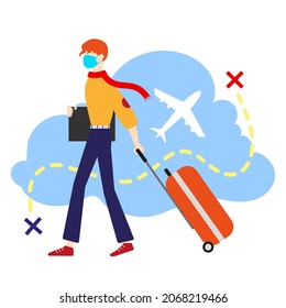 A travel person with a suitcase, background from cloud and airplane. A person in a protective medical face mask at the airport.
Vector flat illustration.
