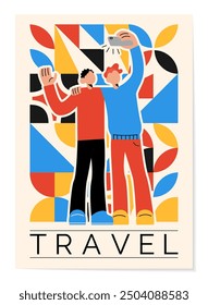 Travel persons. Happy men making selfie. Abstract geometric shapes. Phone photo camera. Hugging friends. Casual guys vacation. Trendy characters posing for photography. Vector tourism banner design