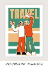 Travel persons. Happy men making selfie. Smartphone photo camera. Hugging friends. Casual guys. Vacation trip. Trendy characters posing for photography. Portrait snapshot. Vector tourism banner design