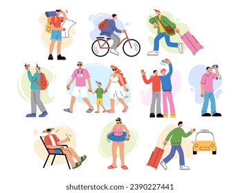 Travel persons. Summer tourism. People walk with baggage. Tourist family characters. Beach rest. Photo camera. Woman on bicycle. Man hurrying with luggage. Taxi order. Hiking map. Vector travelers set