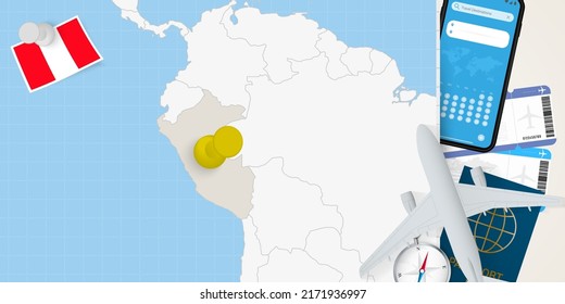 Reisen Sie nach Peru Konzept, Karte mit Pin auf Karte von Peru. Reisevorbereitung Karte, Flagge, Reisepass und Tickets. Vektorgrafik in flachem Design.