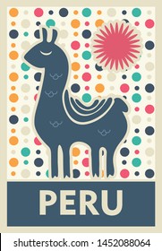 travel to peru poster design, postage stamp, sticker, banner. 