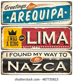 Travel to Peru retro tin signs collection. Postcard or souvenir templates with cities in Peru South America. 