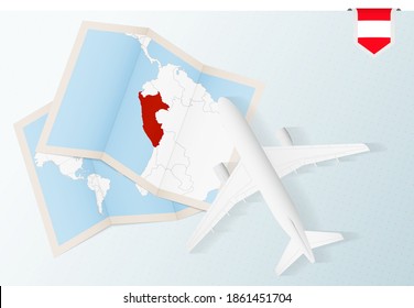 Travel to Peru, top view airplane with map and flag of Peru. Travel and tourism banner design.