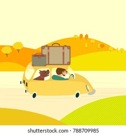 Travel with pet by car concept. Young man tripping outside, drive car by rural road. Touring trip with domestic animal by vehicle. Cute fancy cartoon colordul landscape background. Vector illustration