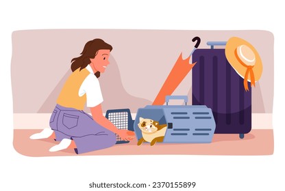 Travel with pet vector illustration. Cartoon womans hands with toy open door of cage with cute cat, kitten sitting inside plastic carrier box near suitcase, umbrella and hat for summer vacation