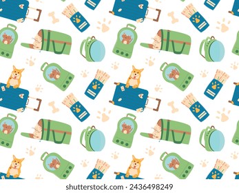 Travel pets. Cat and dog carrier, passport, airplane tickets seamless pattern. Domestic animal transportation box endless background. Hand bag and backpack for puppy and kitten. Vector illustration.