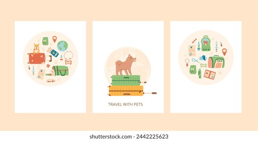 Travel with pets greeting card set. Tourism accessories and sight with domestic animals elements backgrounds. Trip for adventure and rest with dogs and cats banners. Vector illustration.